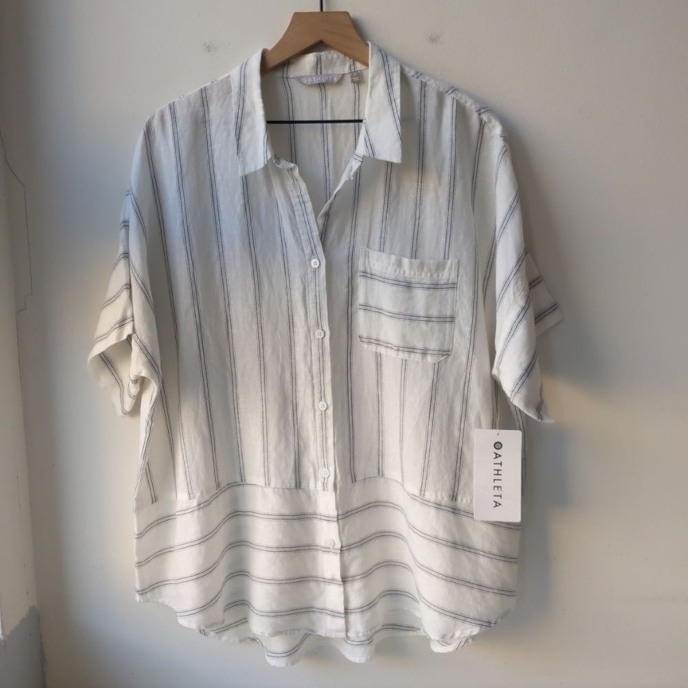Athleta Anguilla Button Up Cream Gray Stripe Women's Large NWT